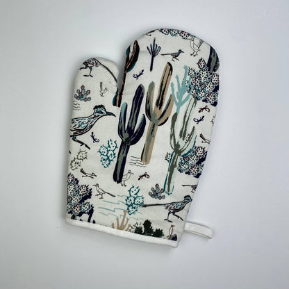 Cotton Oven Mitt - Southwest Roadrunner Saguaros -GOLD