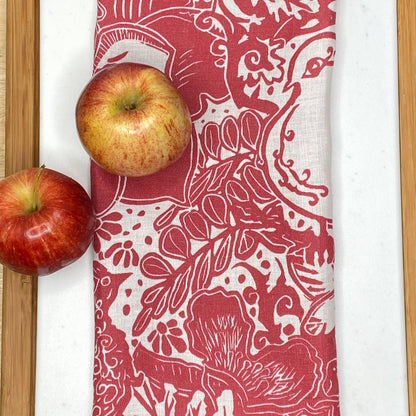 Linen Tea Towel, Artsy Floral Bird - POMEGRANATE WINE
