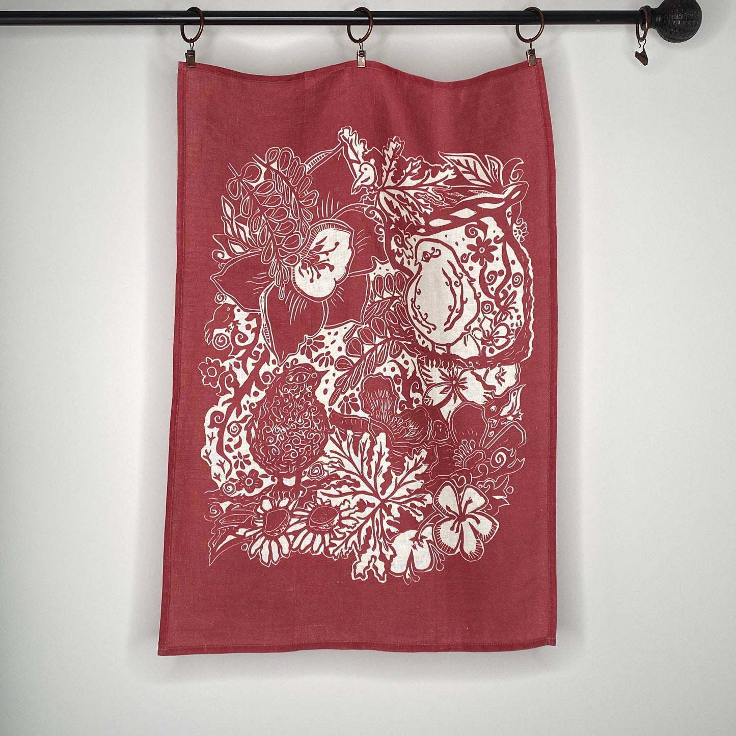 Linen Tea Towel, Artsy Floral Bird - POMEGRANATE WINE