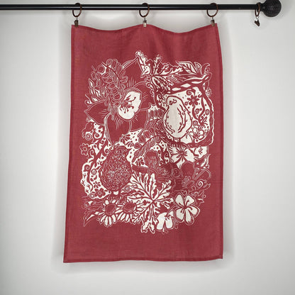 Linen Tea Towel, Artsy Floral Bird - POMEGRANATE WINE