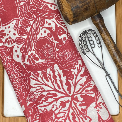 Linen Tea Towel, Artsy Floral Bird - POMEGRANATE WINE