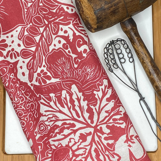 Linen Tea Towel, Artsy Floral Bird - POMEGRANATE WINE
