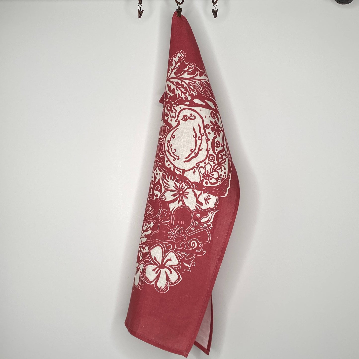 Linen Tea Towel, Artsy Floral Bird - POMEGRANATE WINE