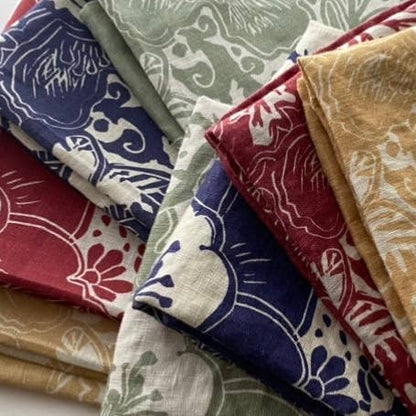 Linen Tea Towel, Artsy Floral Bird - POMEGRANATE WINE