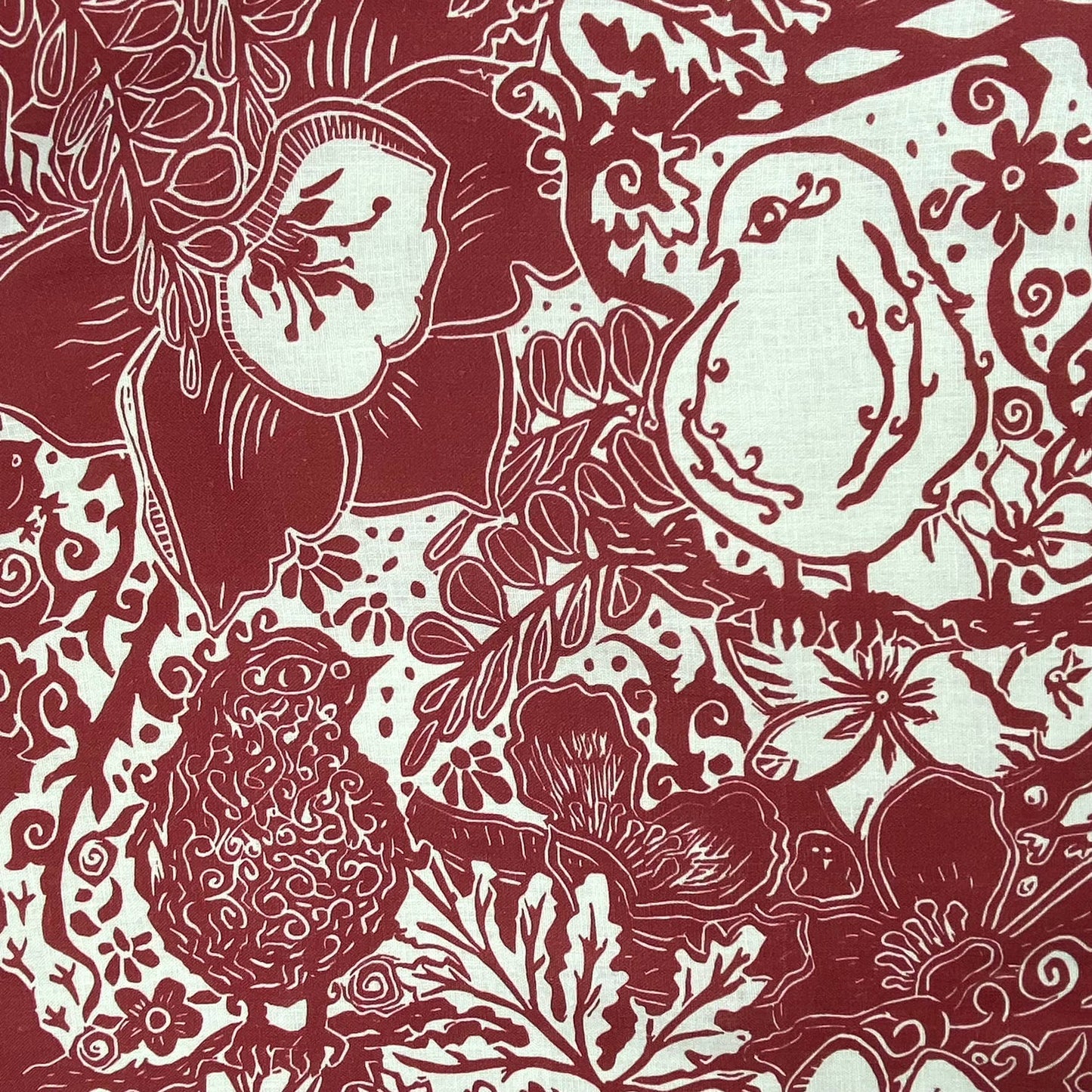 Linen Tea Towel, Artsy Floral Bird - POMEGRANATE WINE